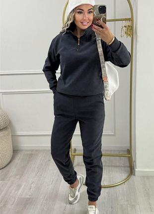 Теплий жіночий костюм двійка кофта з високою горловиною і джогери вельвет на флісі шоколад кемел графіт чорний 40-52