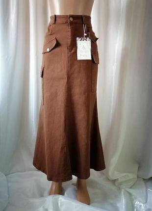 Стильна стрейчева спідниця джинсова різні кольори розміри m і l пісочний бежевий шоколадний чорний і хакі накладні кишені карго