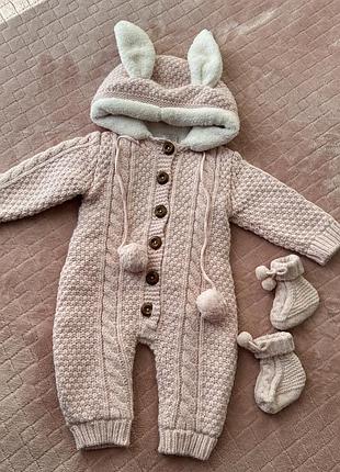 В’язаний комбінезон дитячий з вушками 68-74 см рожевий теплий зимовий