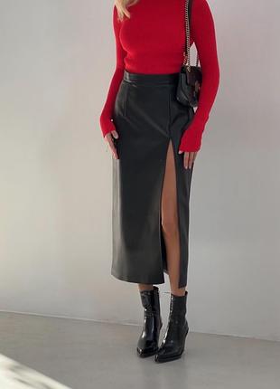Шкіряна спідниця міді олівець з розрізом довга екошкіра на замші тепла
