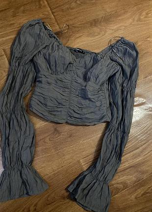 Кроп топ корсетного типу  відкриті плечі з широкими рукавами жатка шифон сірий графітовий
