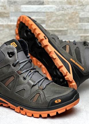 Спортивные кожаные ботинки, кроссовки на меху salomon winter grey