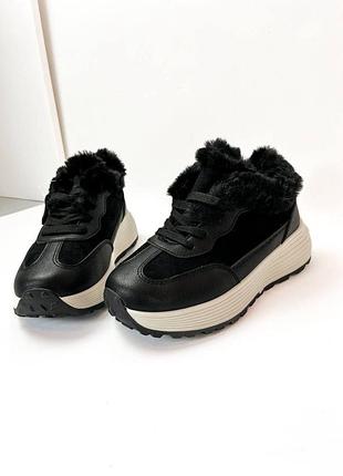 Кросівки жіночі зима чорні натуральна шкіра натуральна замша екохутро