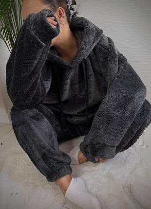 Женская теплая пижама домашний костюм с капюшоном худи махра плюша зимняя