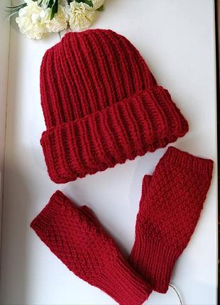 Комплект шапка обьемная с отворотом митенки