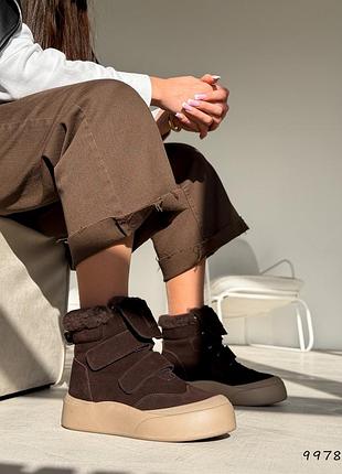 Женские замшевые коричневые ботинки зимние ботинки теплые на меху натуральный мех натуральная