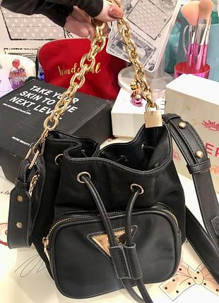 Black satin mini duffle bag river island 💛🖤🩶 7