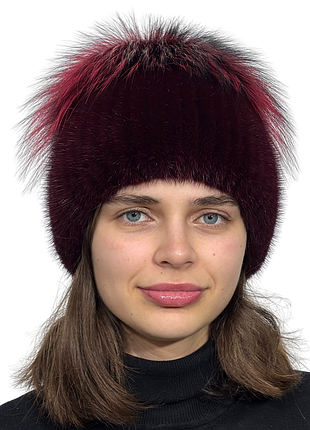 Норковая зимняя женская шапка на вязаной основе с помпоном из натурального меха чернобурки марсала