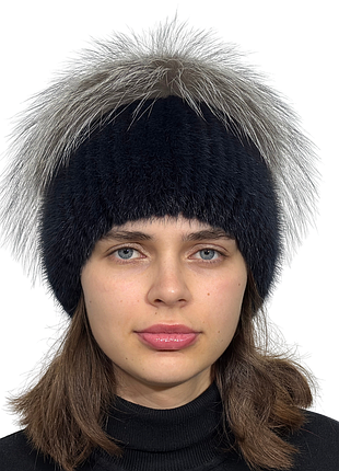 Норковая зимняя женская шапка на вязаной основе с помпоном из натурального меха чернобурки темной ирис