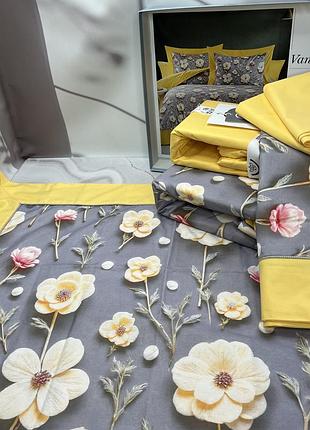 Постельное белье, евро размер, 100% хлопок, ткань: поплин. туречковка. желтый, серый, цветы. качественная постель на подарок.
