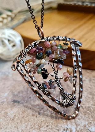 🔺🌳💐 кулон амулет "дерево жизни и щит" натуральный турмалин в медной оплетке на цепочке