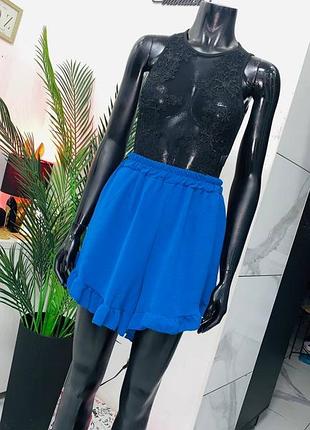 Итальянские синие шорты свободный крой | высокая талия на резинке | с воланом | летняя новая коллекция