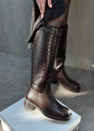 Шкіряні чоботи широкі крокодил+ флотар 🍫 шоколад