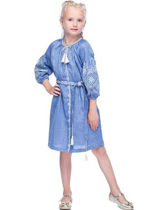 Платье-вышиванка для девочки (лён голубой джинс)