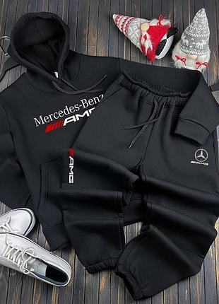 Утепленный мужской костюм на флисе зимний черный mercedes-benz amg fleece black