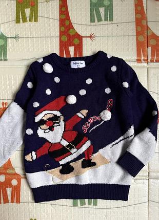 Новогодний джемпер с сантой синий акрил 6-7 лет