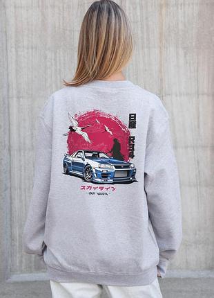 Женский утепленный оверсайз свитшот на флисе с принтом without skyline gray