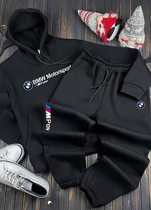 Утепленный мужской костюм на флисе зимний черный бмв bmw motorsport fleece black