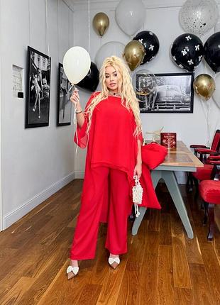Жіночий червоний нарядний шифоновий костюм | туніка та брюки | 052