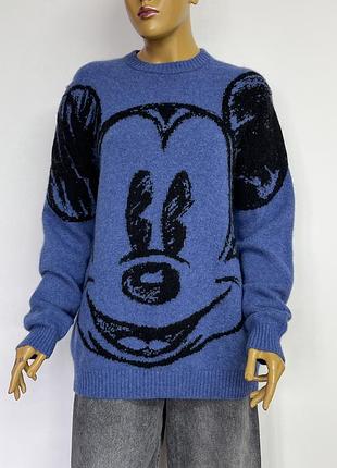 United colours of benetton disney синій вʼязаний обʼємний вовняний светр джемпер пуловер з міккі  маус принт мультфільму вовна теплий оверсайз р s m l