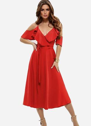 Платье красное на запах с воланами xl
