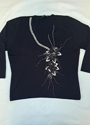 Черный женский свитер с рукавами три четверти и цветочной аппликацией, украшенной стразами. размер 2xl