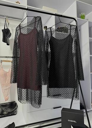 Праздничное платье комплект сетка со стразами и платье на бретелях