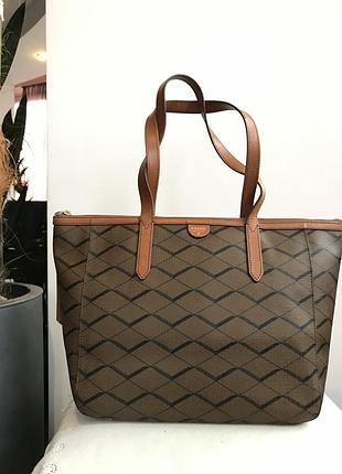 Сумка -тоут fossil-оригінальна,жіноча,базова,коричнева з принтом,вміщує формат а-4