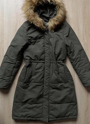 Зимова парка куртка подовжена кольору хакі з капішоном