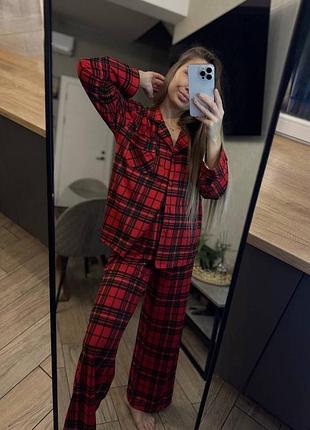 Жіноча повсякденна домашня піжама костюм у клітинку двійка штани та рубашка сорочка тканина котон