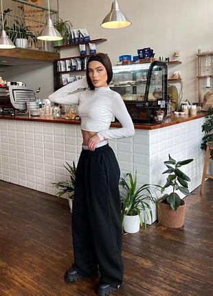 Трендові жіночі штани палаццо вільного крою середньої посадки зі стильною лого резинкою дуже зручні утеплені