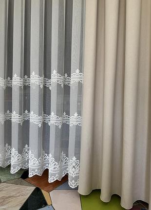 Красивая нежная молочная тюль бамбук с вышивкой по низу в зал, спальню, гостиную