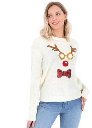 Женский кремовый рождественский свитер с пайетками и оленями
