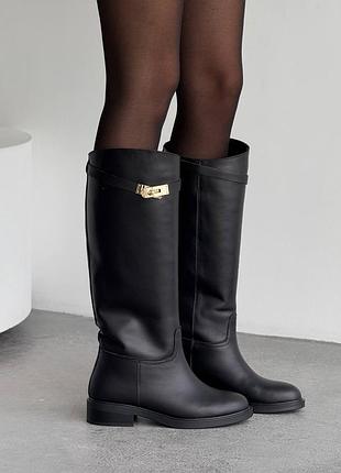 Сапоги женские черные жеокейские / жеокейские сапоги свободного обувания / черные кожаные сапоги жеокейки еврозима