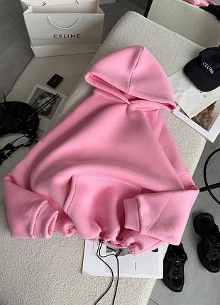 Теплое качественное худи трехнитка на флисе с двойным капюшоном оверсайз розовый женская one size