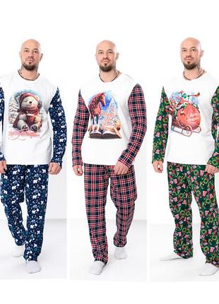 Мужская новогодняя пижама с начесом, утепленная пижама на байке с новогодним принтом в клетку, клетчатая теплая пижама