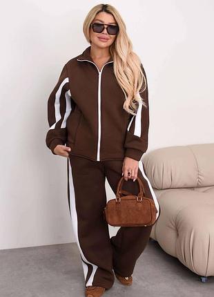 Жіночий теплий якісний оверсайз спортивний костюм | кофта на змійці та штани палаццо | 1023