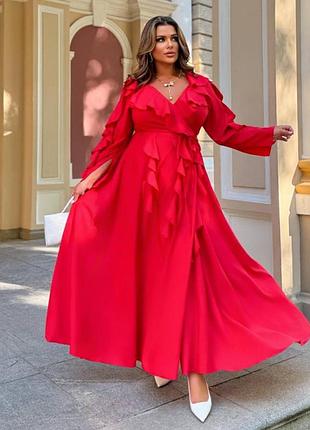 Платье женское длинное вечернее батал платье большого размера на запах с рюшами с декольте нарядное элегантное приталенное бохо красное
