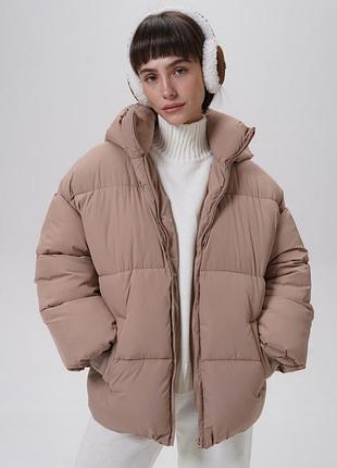 Короткий женский дутый пуховик зимняя куртка, беж