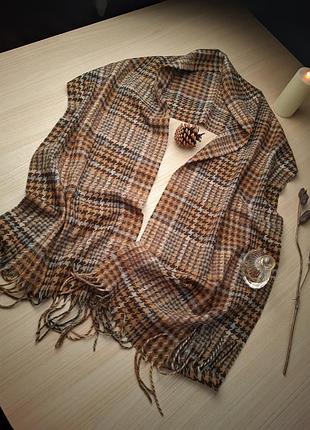 Шарф палантин клітка коричневий гусяча лапка німеччина акрил м'який бахрома клетка