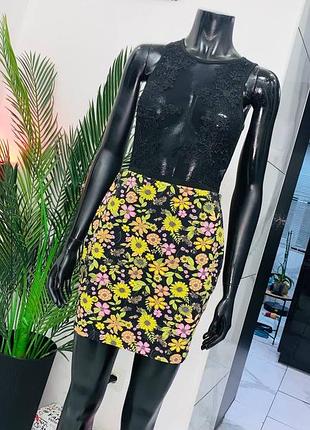 Мини-юбка new look uk 12 / цветочный принт / хлопок эластан / высокая талия / лето