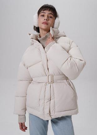 Женский удлиненный пуховик с поясом зимняя куртка, цвет молоко