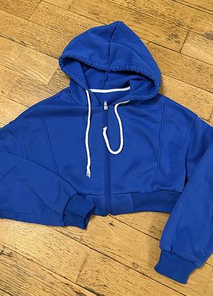 Ультрамодний яскраво-синій кроп-худі на блискавці, shein, xs