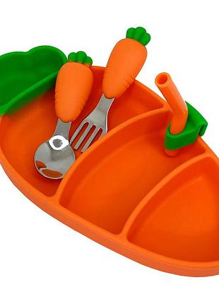 Силиконовая секционная тарелка в виде морковки + приборы детские для прикорма