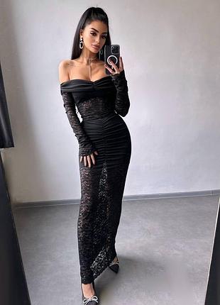 Кружевное черное платье макси с драпировкой, длинное черное платье с открытыми плечами, вечернее платье макси