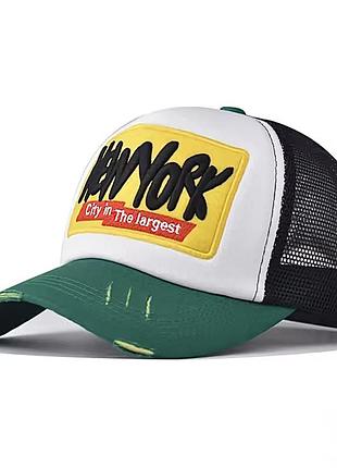 Кепка тракер логотип new york (нью-йорк, ny, ню) с сеточкой зеленый, унисекс wuke one size