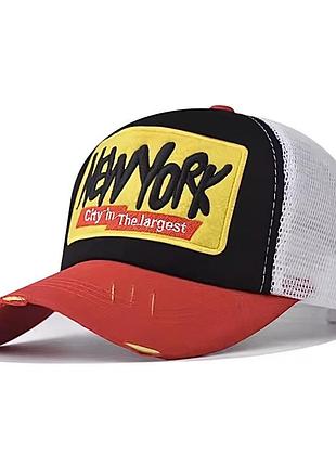 Кепка тракер логотип new york (нью-йорк, ny, ню) с сеточкой красный, унисекс wuke one size