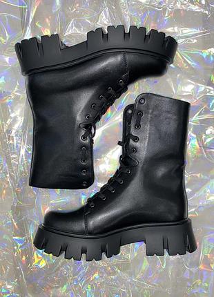 🤍 шкіряні чоботи на тракторній підошві чорні черевики на шнурівці y2k 🤍