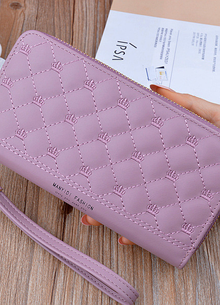Модный женский кошелек клатч на 2 молнии с ремешком на руку вместительный портмоне фиолетовый