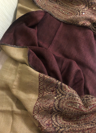 Розкішний великий теплий гірчично-бордовий з турецькими огірками палантин/шарф шовк/вовна4 фото